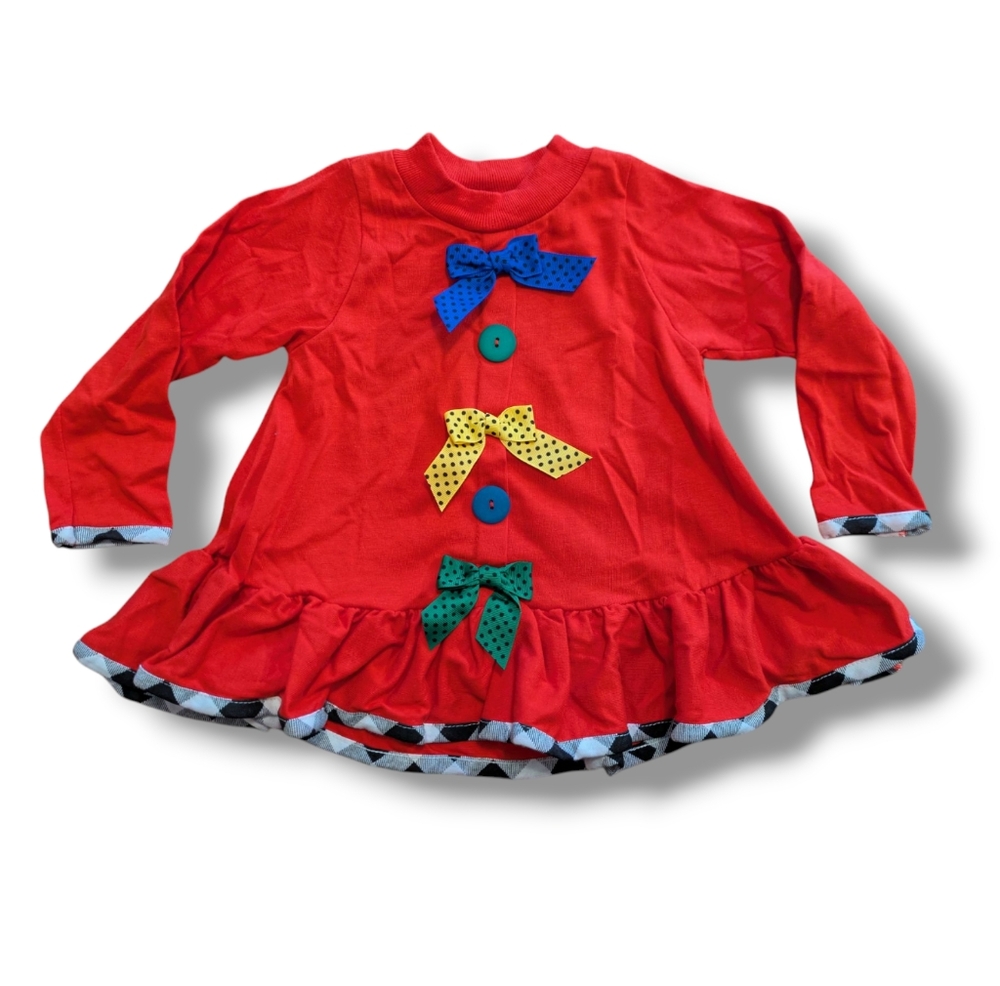 Vintage 90s Buster Brown 3T Red Long Sleeve Tunic Top with Colorful Bows
